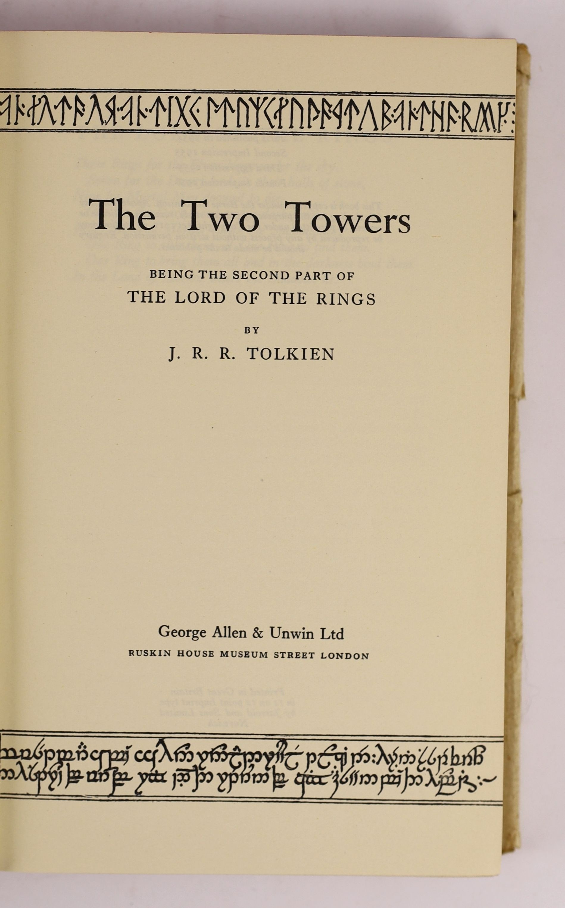 Tolkien, John Ronald Reuel - The Lord of the Rings, 4th impressions of The Fellowship of the Ring, in slightly torn and discoloured d/j, and The Two Towers, d/j torn in half and with 50% loss to spine, ownership inscript